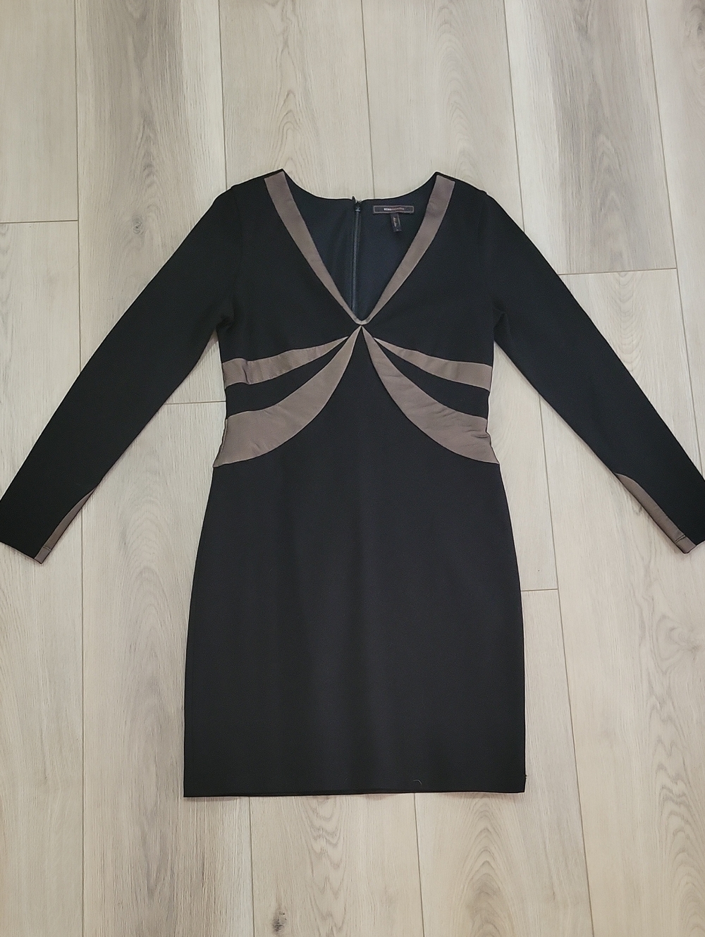 BCBGMaxAzria Black Dress with Taupe Accents Long Sleeve V-Neck
